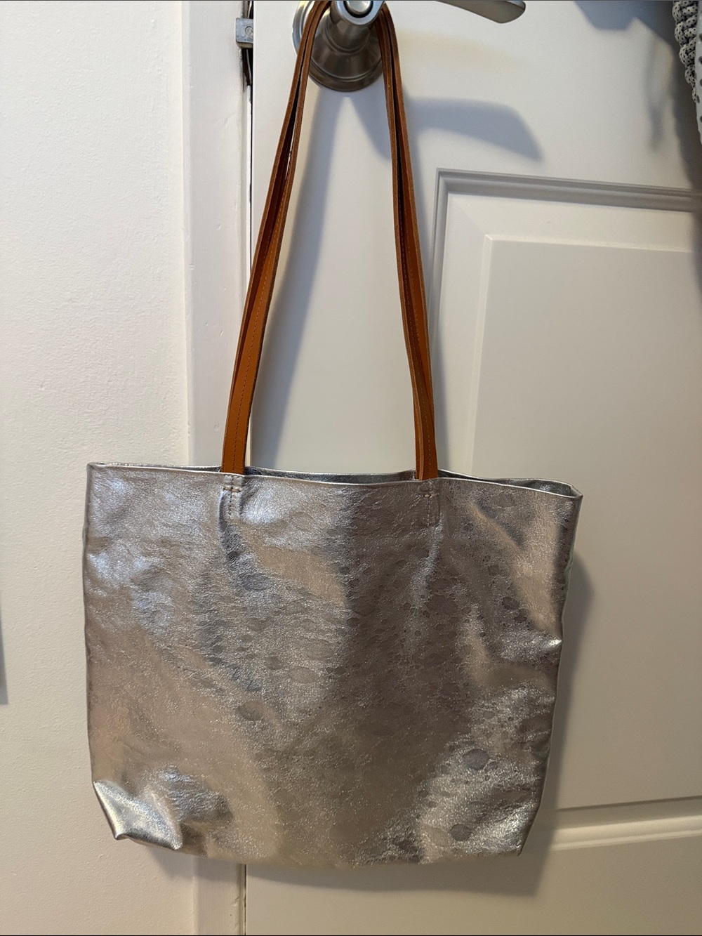 Clare V Silver Tote Bag with Tan Straps